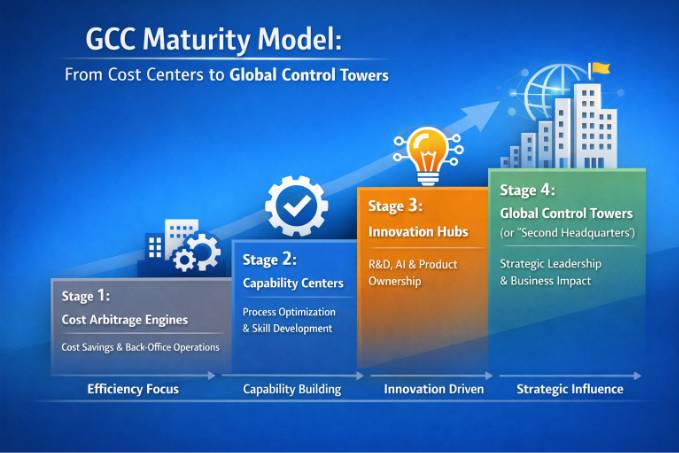 GCC maturity model showing progression from cost centers to global control towers