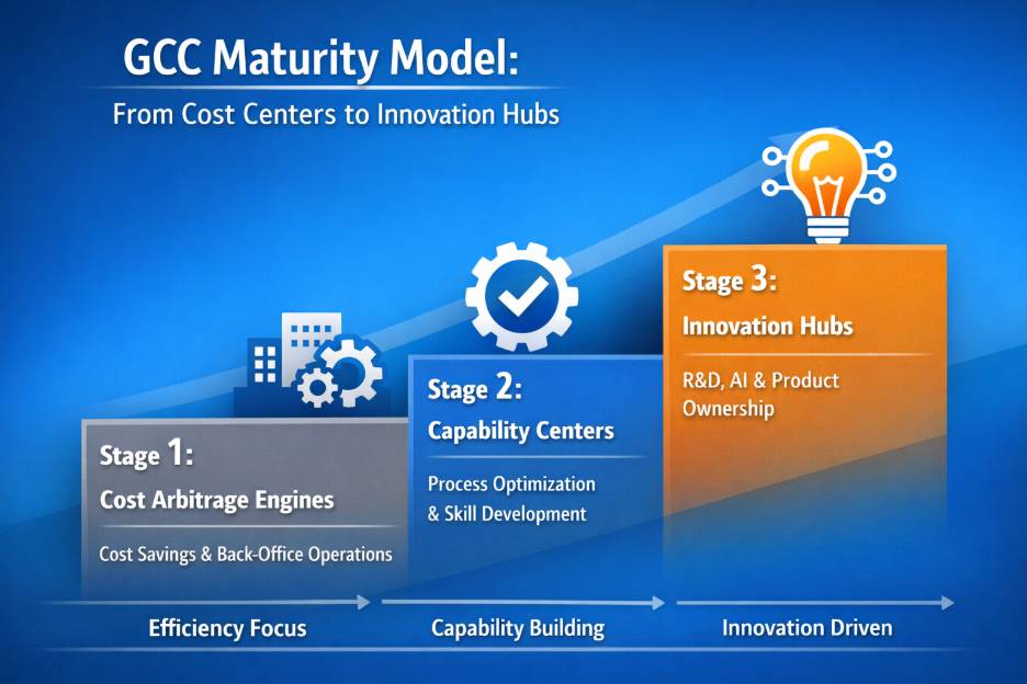 GCC maturity model showing progression from cost centers to innovation hubs